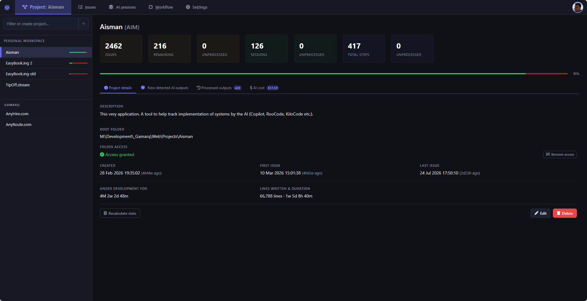 Project details — the dashboard with projects list on the left, and a selected project's detail pane showing name, acronym, description, and root folder path on the right.