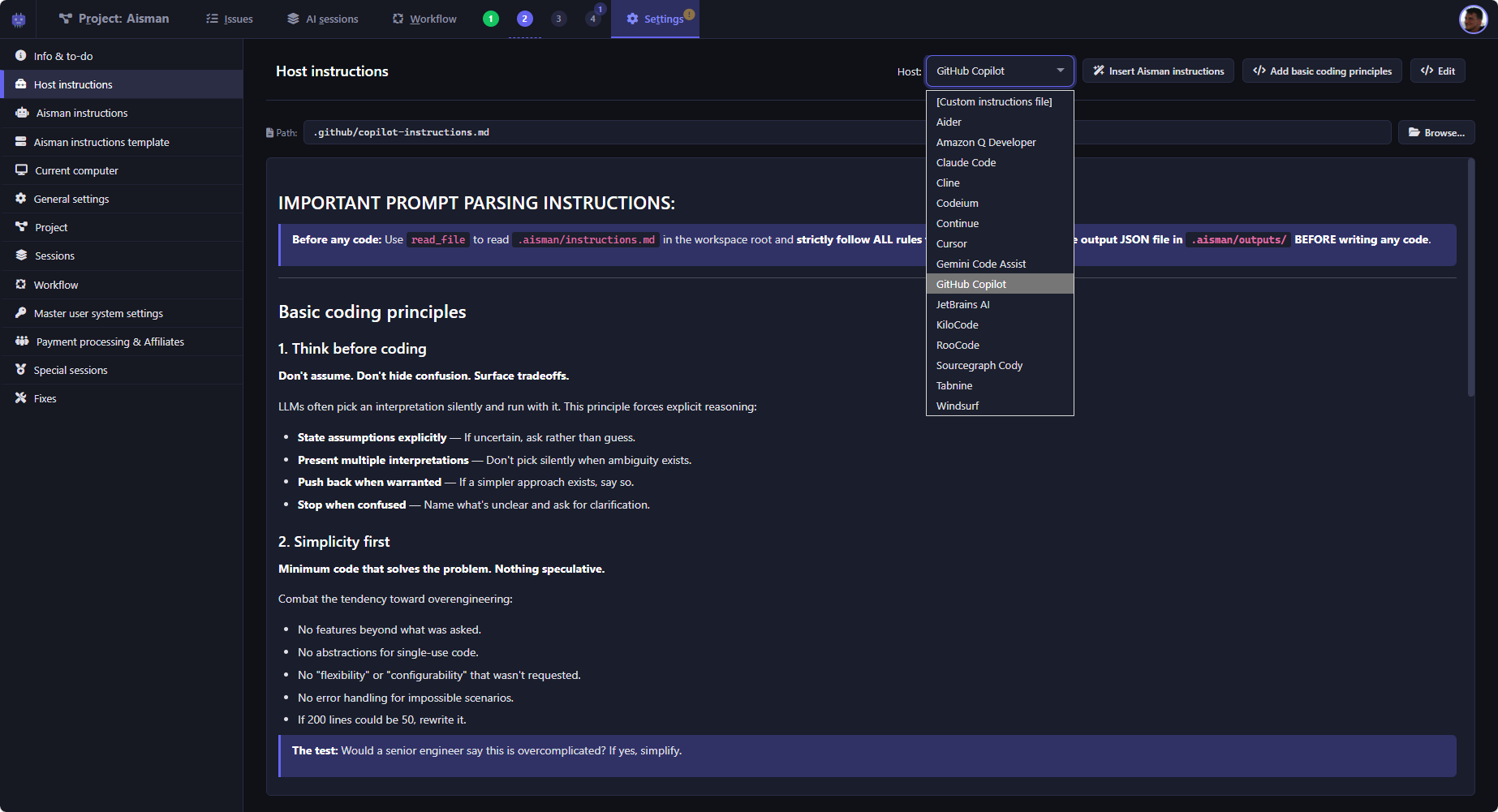Host instructions — Settings tab with host dropdown at top, instruction file path field, and Insert / Create buttons in the middle.