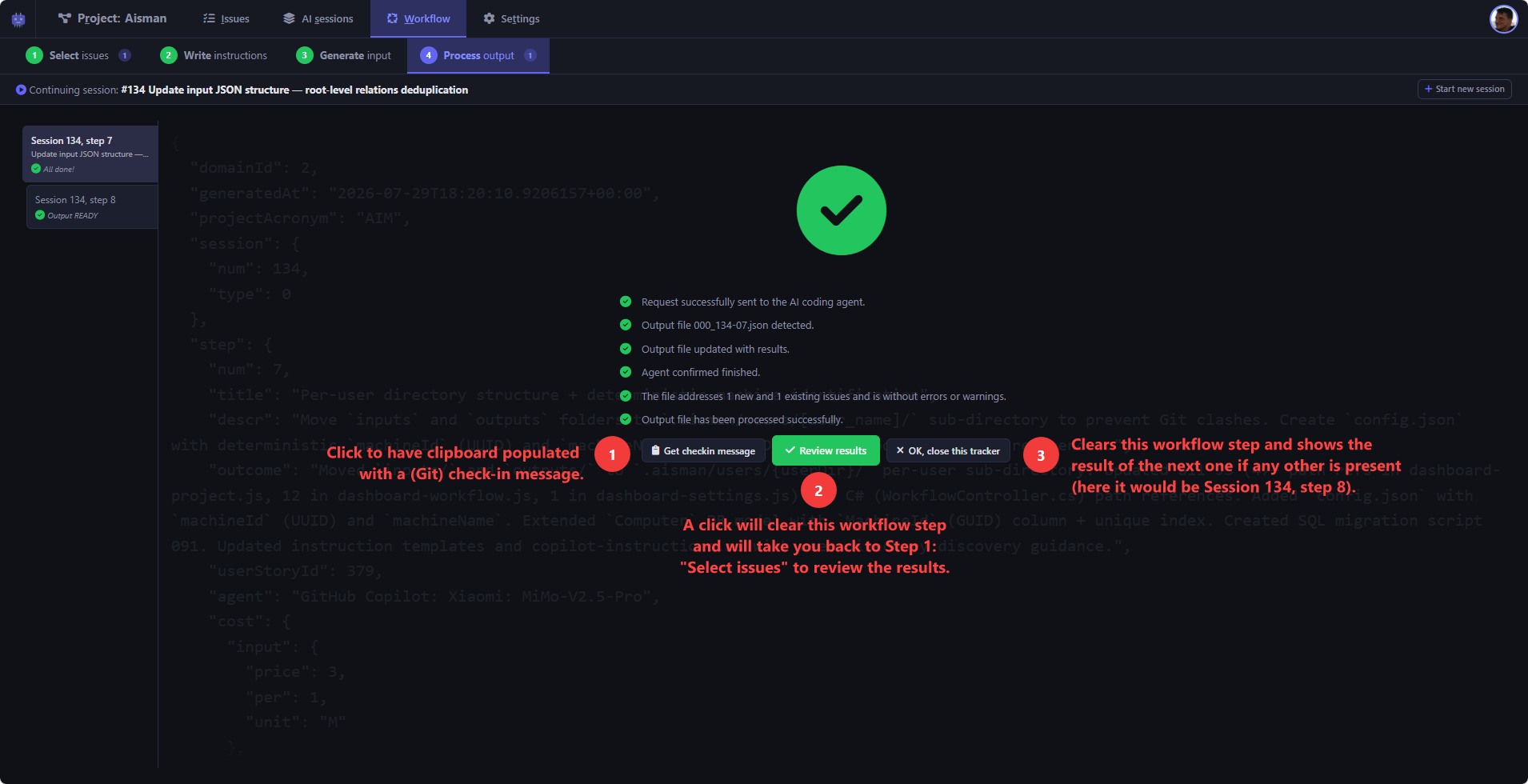 Process output — the Workflow Step 4 panel showing output file displayed, with the Review button visible once all issues pass validation.
